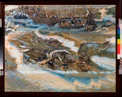 Ilustração pour le conte du tsar Saltan de Alexandre Pouchkine (1799-1837) (Ilustração para o Conto de Fadas do Czar Saltan de A Pushkin) - Obra de Mikhail Alexandrovich Vrubel (Vrubel) (1856-1910), aquarela, guache, ouro e dinheiro no papel de Mikhail Aleksandrovich Vrubel
