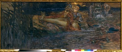 A separação entre o rei do mar e a princesa Volkhova. Cena da ópera "Sadko" de Nicholas (Nikolai) Rimsky Korsakov (Rimsky-Korsakov) (1844-1908). Trabalho de Mikhail Alexandrovich Vrubel (Vroubel) (1856-1910), gouache e pastel sobre papel de Mikhail Aleksandrovich Vrubel