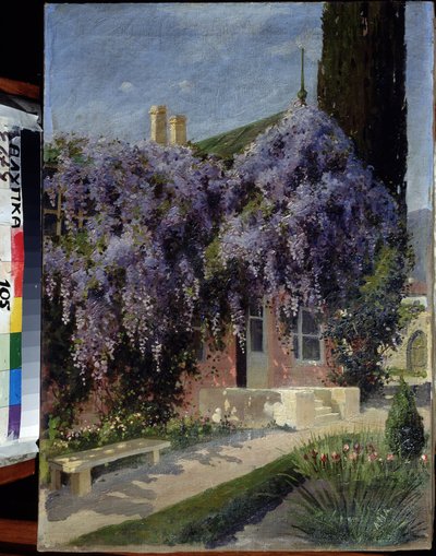 Une maison entrelacee de glycines (Uma casa entrelaçada com wisteria). Peinture de Mikhail Alexandrovich Alisov (1859-1933). Huile sur toile, 62,3 x 44,4 cm. Ecole russe debut 20e siecle. Museu de Arquitectura e Arte, Alupka, Ucrânia. ©FineArtImage/Leemage de Mikhail Alexandrovich Alisov