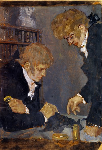 Frederic Georges Cuvier (1773-1838) e Etienne Geoffroy Saint Hilaire (1819-1842) (F. G. Cuvier e E. G. Saint Hilaire). Os dois cientistas observam o cadáver de um animal. Obra de Mikhail Dmitrievich Ezuchevsky (1880-1928), óleo sobre papel de Mikhail Dmitrievich Ezuchevsky