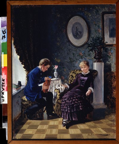 Os começos (The Debut). Em uma sala de estar, cabeça a cabeça entre um jovem tímido, que está segurando um livro e uma jovem sorridente, uma declaração de encontro de amor. Pintura de Mikhail Georgievich Malyshev (1852-1914), óleo sobre tela de Mikhail Georgievich Malyshev