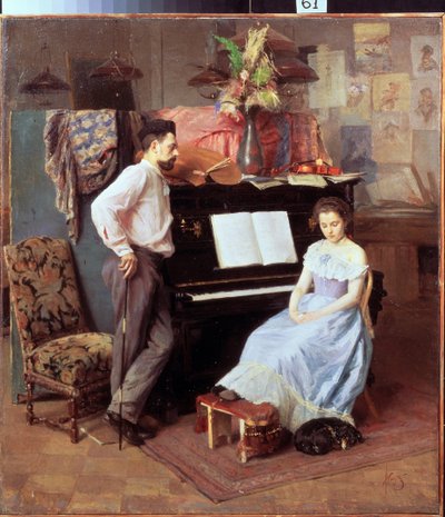 ""O artista e sua esposa"" A jovem de olhos baixos está sentada ao piano sob o olhar do marido. Pintura de Mikhail Ignatiev (1870-1934) por volta de 1900 Regional Art Gallery, Vologda de Mikhail Ignatiev