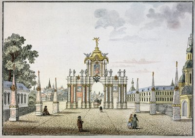 Os Portões Vermelhos em Moscovo. Arco triunfal barroco, construído no século XVIII, demolido em 1928. Trabalho de Mikhail Ivanovich Makhaev (1718-1770), aguarela e tinta sobre papel, ca. 1790. Arte russa de Mikhail Ivanovich (after) Makhaev
