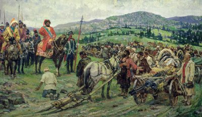 Assistência ao líder da revolta camponesa, Emelyan Pugachev, nos Urais (óleo sobre tela) de Mikhail Ivanovich Avilov