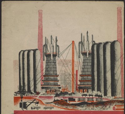 Ilustração do livro para crianças ""Combinat metallurgique Kuznets : un geant socialiste"" - Ilustração para o livro infantil ""Kuznets Metallurgical Combine: A Socialist Giant"", de Gurevich, Mikhail Lvovich (1904-1943). Litografia colorida de Mikhail Lvovich Gurevich