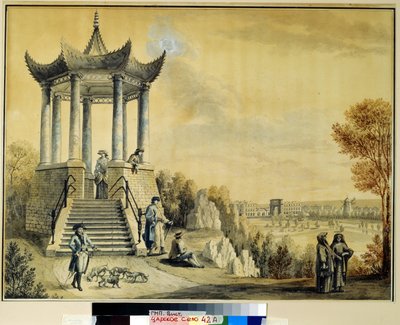 O Pavilhão Grand Caprice no Parque Catherine em Tsarkoye Selo. Trabalho de Mikhail Matveevich Ivanov (1758-1823), aguarela e giz sobre papel, finais do século XVIII. Arte russa do século XVIII. Ins de Mikhail Matveevich Ivanov