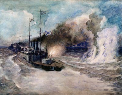 A batalha naval entre a Frota do Mar Negro e o cruzador blindado alemão Goeben em 5 de novembro de 1914 - Obra de Mikhail Mikhailovich Semyonov ( de Mikhail Mikhailovich Semyonov