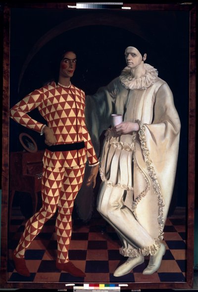Arlequim e Pierrô (Auto-retratos, em trajes da Comedia dell Arte) - Arlequim e Pierrô (Auto-retratos) - Pintura de Alexander Yevgenyevich Yakovlev (Alexandre Iacovleff) (1887-1938), óleo sobre tela de Mikhail Nikolayevich Yakovlev