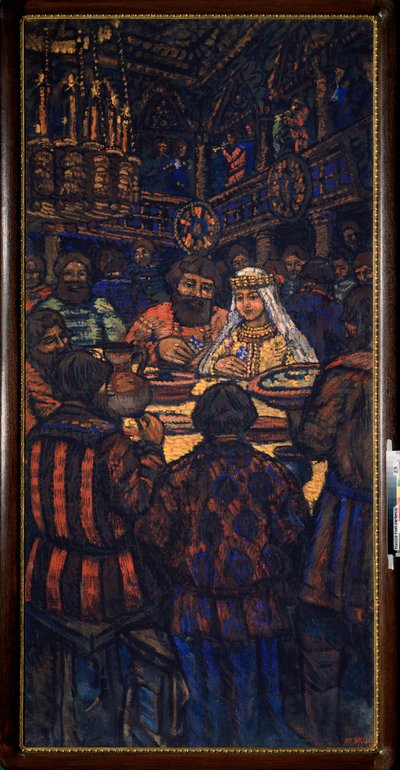 O Casamento do Grão-Duque Vladimir I Svyatoslavich (conhecido como o Grande ou Sol Vermelho, 958-1015) Cena do banquete de casamento - Pintura de Mikhail Nikolayevich Yakovlev (1880-1942), óleo sobre tela, ca. 1920 de Mikhail Nikolayevich Yakovlev