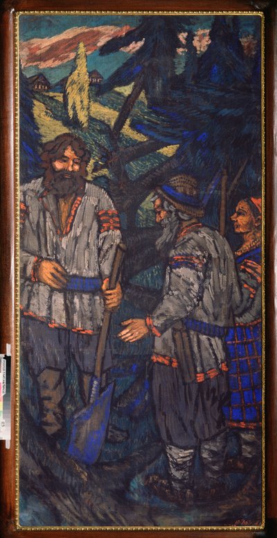 O Casamento do Grão-Duque Vladimir I Svyatoslavich (958-1015) (O Casamento do Grão-Duque Vladimir I Svyatoslavich) Vladimir com uma pá fala com um casal de camponeses - Pintura de Mikhail Nikolayevich Yakovlev (1880-1904) de Mikhail Nikolayevich Yakovlev
