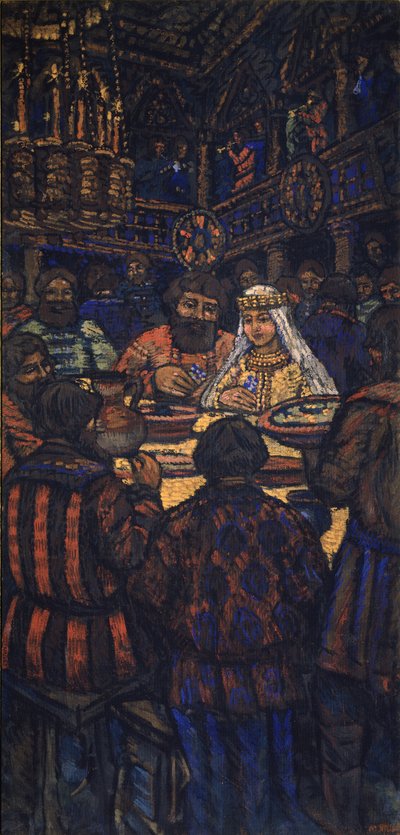 Casamento do Grão-Duque Vladimir I. Svyatoslavich Triptych, painel central, década de 1920 de Mikhail Nikolayevich Yakovlev