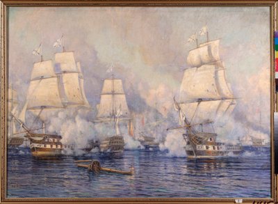 A batalha naval de Navarino, 20 de outubro de 1827 entre a frota otomana e uma frota franco-anglo-russa (episódio da guerra russo-turca de 1828-1829 e a guerra de independência grega ou revolução grega de 1821-1830) - ( A Batalha Naval de Na de Mikhail Stepanovich Tkatchenko