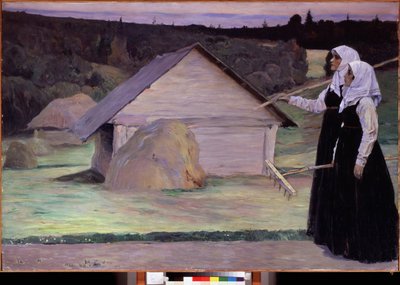 Ete (Verão). Duas mulheres, carregando os seus ancinhos, à noite, depois de trabalharem nos campos, passeiam pelos palheiros e cabanas de madeira. Pintura de Mikhail Vasilyevich Nesterov (1862-1942), óleo sobre tela de Mikhail Vasilievich Nesterov
