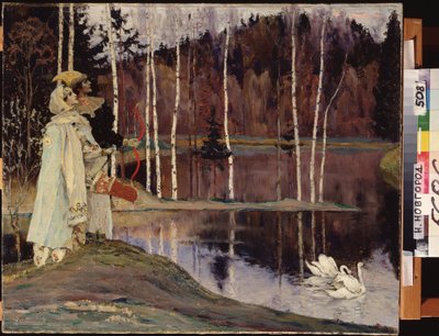 Dupla Harmonia. Um casal fantasiado e com maquiagem teatral olha para o céu perto de um lago no qual um casal de cisnes nada pacificamente. Pintura de Mikhail Vasilyevich Nesterov (1862-1942), óleo sobre tela de Mikhail Vasilievich Nesterov