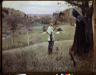 A Visão do Jovem Bartolomeu. (The Vision of the Youth Bartholomew). O encontro entre um monge e o jovem Bartolomeu russo (mais tarde S. Sérgio de Radonege ou Sergii Radonezhsky ou Sergey Radonezhsky ou Sergius de Radonezh, ca. 1313-1392). Pintado de Mikhail Vasilievich Nesterov