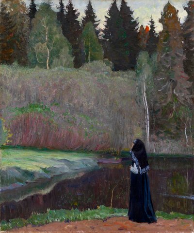 "The Nightingale is Singing" Uma freira que ouve o canto das aves - Pintura de Mikhail Vasilyevich Nesterov (1862-1942) 1918 Dim 81x68,5 cm Colecção privada de Mikhail Vasilievich Nesterov