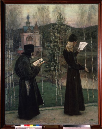 Tocando os Sinos. Dois monges lendo enquanto caminham em direcção a uma igreja no fundo. Pintura de Mikhail Vasilyevich Nesterov (1862-1942), óleo sobre tela de Mikhail Vasilievich Nesterov