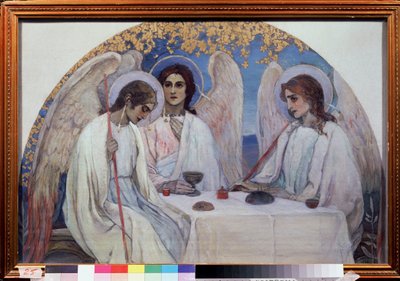 A hospitalidade de Abraão. A Trindade do Antigo Testamento. Representação dos três anjos que apareceram a Abraão perto do Carvalho de Mambre. (A hospitalidade de Abraão (Trindade do Antigo Testamento). Pintura de Mikhail Vasilyevich Nesterov (1862-1942), ó de Mikhail Vasilievich Nesterov