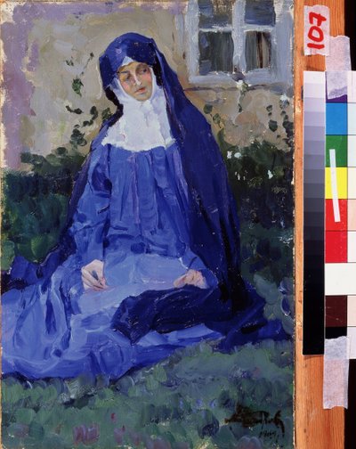 Uma Freira. Trabalho de Mikhail Vasilyevich Nesterov (1862-1942), óleo a bordo de Mikhail Vasilievich Nesterov