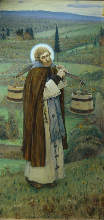 São Sérgio trabalha Tríptico, parte esquerda, 1896 de Mikhail Vasilievich Nesterov