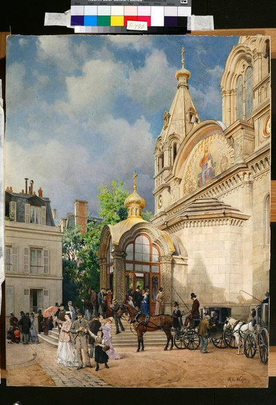 Pessoas deixando uma Igreja Ortodoxa - Obra de Mikhail Yakovlevich Villie (1838-1910) de Mikhail Yakovlevich Villie