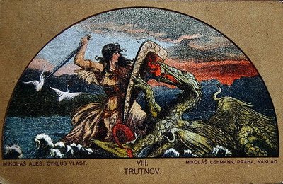 Cartão postal retratando o cavaleiro Trut lutando contra o Dragão das Rochas, c.1900 (cor litho) de Mikolas (after) Ales