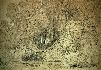 A Clearing in a Wood (giz preto e branco sobre papel) de Miles Edmund Cotman
