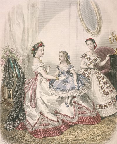 Duas mulheres e uma garotinha vestindo as últimas modas internas, c1860 de Millia Lacouriere