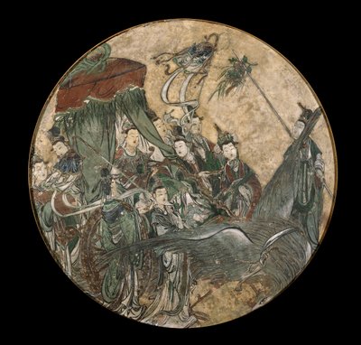 Um afresco policromado retratando uma fêmea dignitária segurando um cetro de Ruyi enquanto sentado em uma carruagem desenhada por Phoenix de Ming Dynasty Chinese School