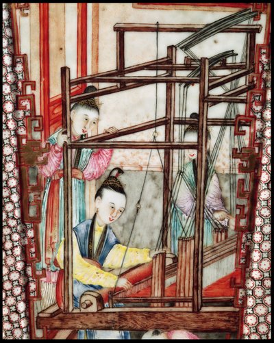 Detalhe de um vaso que representa a tecelagem em seda (cerâmica) de Ming Dynasty Chinese School