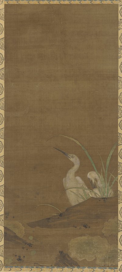 Garças e Plantas Aquáticas (tinta e cor na seda) de Ming Dynasty Chinese School