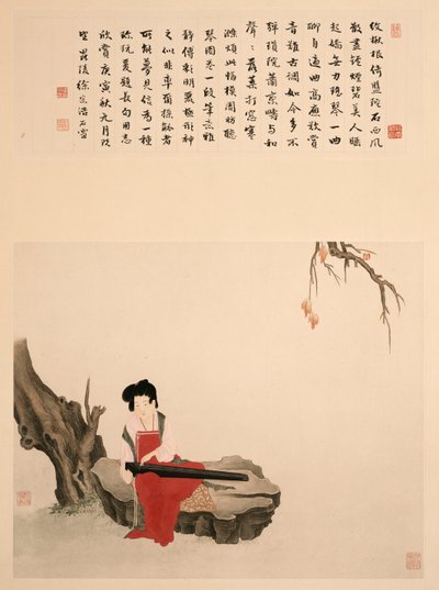Senhora sentada em uma rocha jogando um Qin (pergaminho, montado e emoldurado, tinta e cor no papel) de Ming Yu