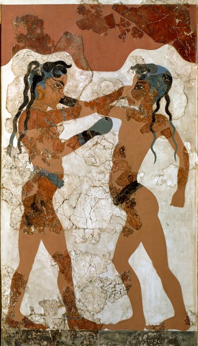 Arte Minoana: "luta entre dois pugilistas" Fresco de Akrotiri a Santorini. Século XVI a.C. Athenes, Museu Nacional de Arqueologia - Arte Minoana: Boxe masculino Minoano. Fresco de Akrotiri, Santorini Século XVI a.C. Museu Nacional de Arqueologia, Athenes. de Minoan