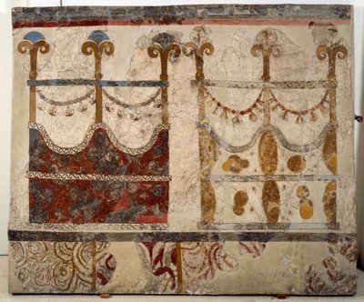 A civilização minóica: representação de dois portais (Ikria). Fresco da bacia lustral do edifício Xeste 3 de Akrotiri (Thera), Santorini de Minoan