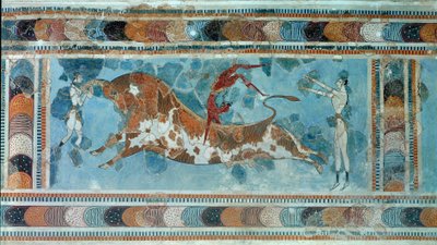 A civilização minóica: "cena de taurokathapsia (ou taurocatapsia), desporto cretense que consiste em saltar nas costas de um touro" Fresco do palácio do Rei Minos a Cnossos (Knossos). 1700-1400 AC. Heraklion, Museu Arqueológico de Minoan