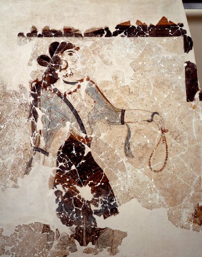 Civilização minóica: mulheres em adoração. Detalhe. Fresco da bacia lustral do Xeste 3 em Akrotiri (Thera), Santorini. Dim. 143x381 cm Século XVI a.C. Santorini, Coleção de afrescos de Akrotiri a Thera. de Minoan