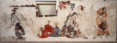 Civilização minóica: mulheres em adoração. Fresco da bacia lustral do edifício Xeste 3 de Akrotiri (Thera), Santorini de Minoan