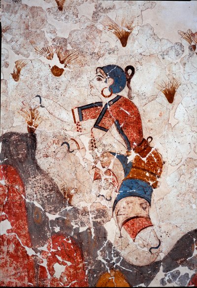 Civilização minóica: mulheres a colher açafrão. Detalhe de um afresco da bacia lustral do Xeste 3 em Akrotiri (Thera), Santorini. Dim. 244x266 cm Século XVI a.C. Santorini, Colecção de frescos de Akrotiri a Thera - Civilização minóica: mulheres apanhando a de Minoan