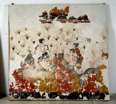 Civilização minóica: mulheres a colher açafrão. Fresco da bacia lustral do Xeste 3 em Akrotiri (Thera), Santorini. Dim. 244x266 cm Século XVI a.C. Santorini, Colecção dos frescos de Akrotiri a Thera. de Minoan