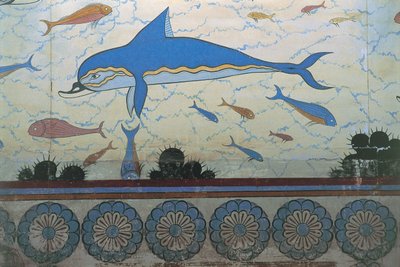 Grande plano de um mural num palácio, Palácio de Minos, Knossos, Creta, Grécia de Minoan