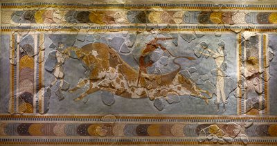 Detalhe do touro pulando afresco. Encontrado em Knossos de Minoan