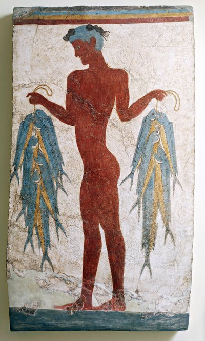 Civilização grega, afresco representando pescador, de Akrotiri, Thera, Santorini, Grécia (afresco) de Minoan