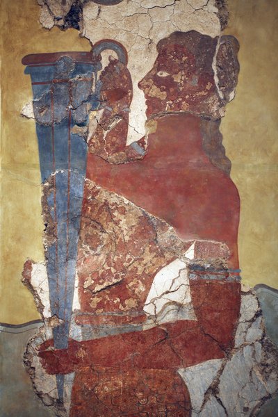 Arte minóica. O "Cup-Bearer", uma figura da procissão Fresco. Reconstrução original dos poucos fragmentos encontrados por A. Evans no sítio arqueológico de Knossos e agora expostos no Museu Arqueológico de Herakleion. Mostra um homem jovem com um longo neg de Minoan