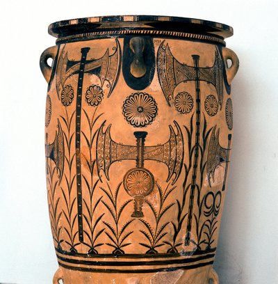 Arte minóica: vaso de terracota do período Neopalatiale decora símbolos das divindades e representações do céu e da terra, bem como o machado duplo, símbolo da civilização cretense. De Knossos (Cnossos) Heraklion, Museu Arqueológico de Creta de Minoan