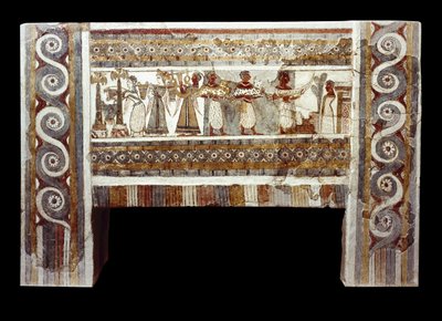 Cena de culto aos mortos, fresco sobre o sarcófago de Haghia Triada de Minoan