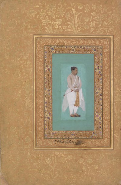 reto: Retrato de Raja Suraj Singh Rathor, verso: Página de Caligrafia..., reto: final do século XVI de Mir 