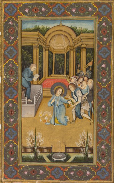Jesus entre os doutores no Templo, c. 1760 (aguarela opaca com dourado sobre papel, bordos florais a cores sobre fundo dourado) de Mir Kalan Khan