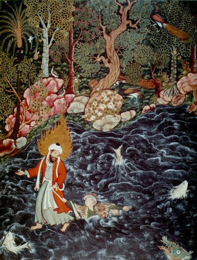 O profeta Elias resgatando o príncipe Nur ad-Dahr do Hamzanama, 1562-1577 de Mir Sayyid Ali