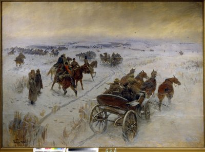 A batalha em Yegorlykskaya (Rússia). Episódio da Guerra Civil Russa (1917-1923), confronto da cavalaria do Exército Vermelho e do Exército Branco, nas planícies nevadas. Pintura de Mitrofan Borisovich Grekov (1882-1934), óleo sobre tela de Mitrofan Borisovic Grekov