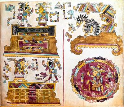 A civilização Mixtec: Mixtec Codex com ilustrações de atividades diárias - Arte pré-colombiana, civilização mista: cenas de vie quotidienne - Detalhe de um exemplar do Codex Vindobonensis ou códice vienense enviado por Hernan Cortes a Charles V em 1519 - M de Mixtec Mixtec